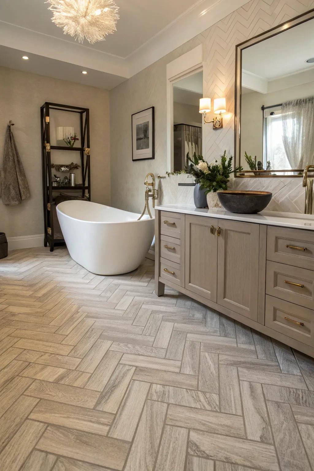 Chevron plastic flooring adds elegance and sophistication to this bathroom.