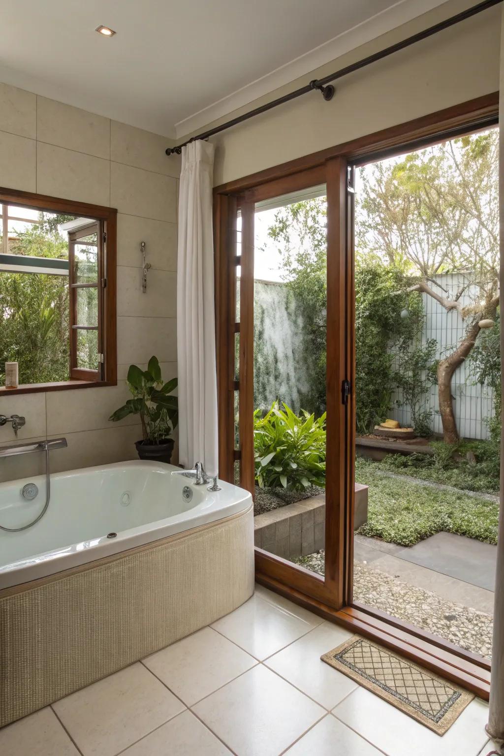 Sliding doors connect this bathtub to a secluded garden.