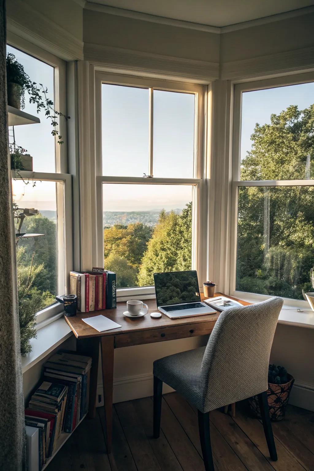 A bay window workspace offers a bright and inspiring environment for creativity.