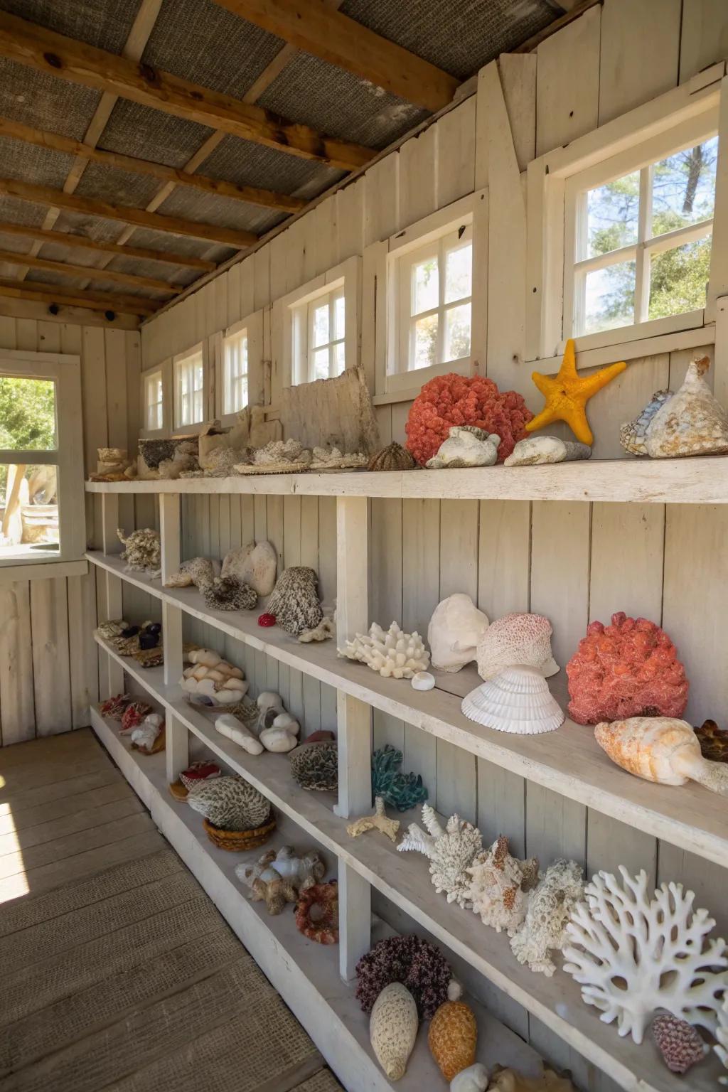 Seashell and coral selections add natural beauty to the beach shed interior.