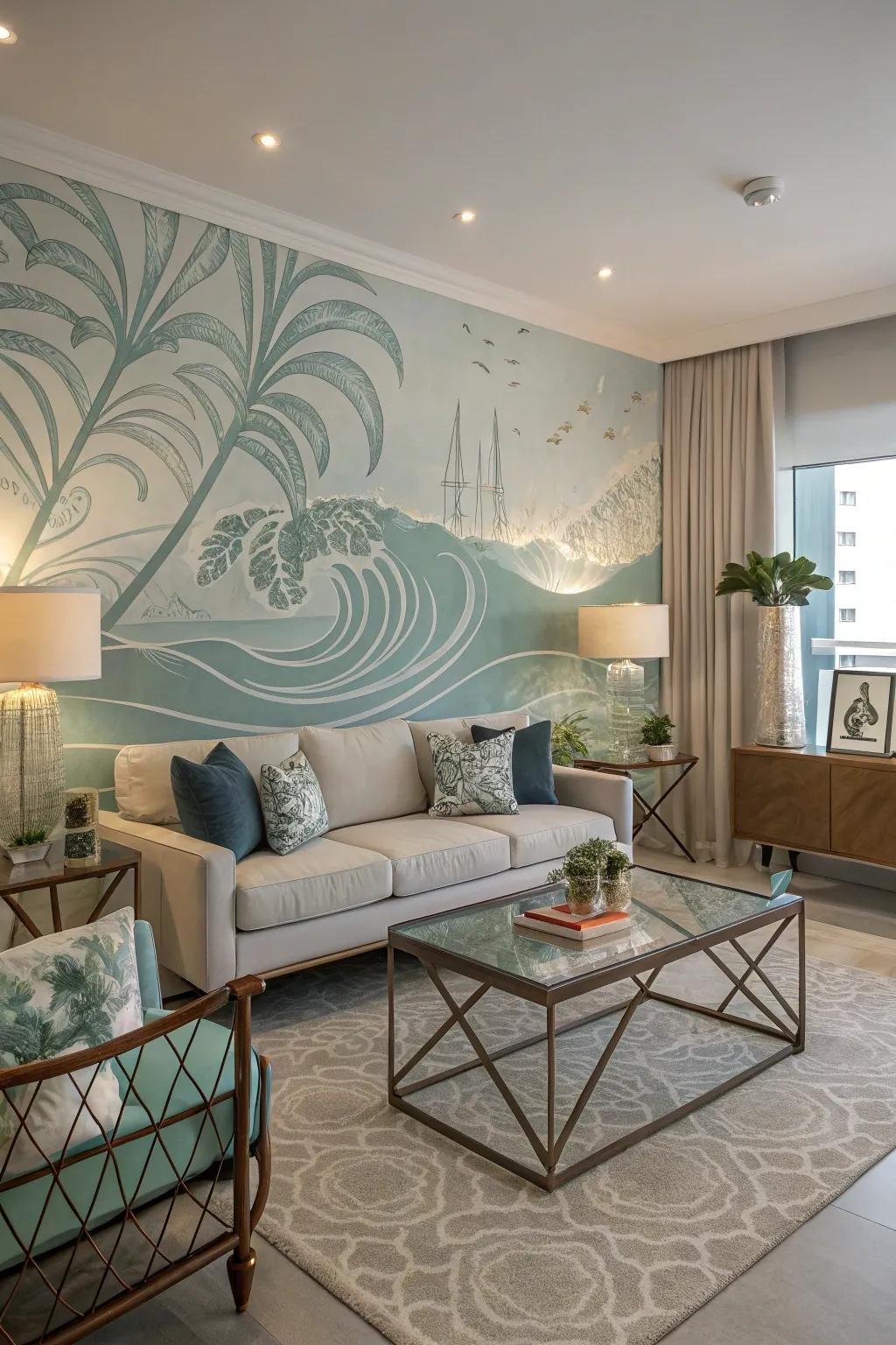 Include a contemporary twist with abstract coastal-themed wallpaper.