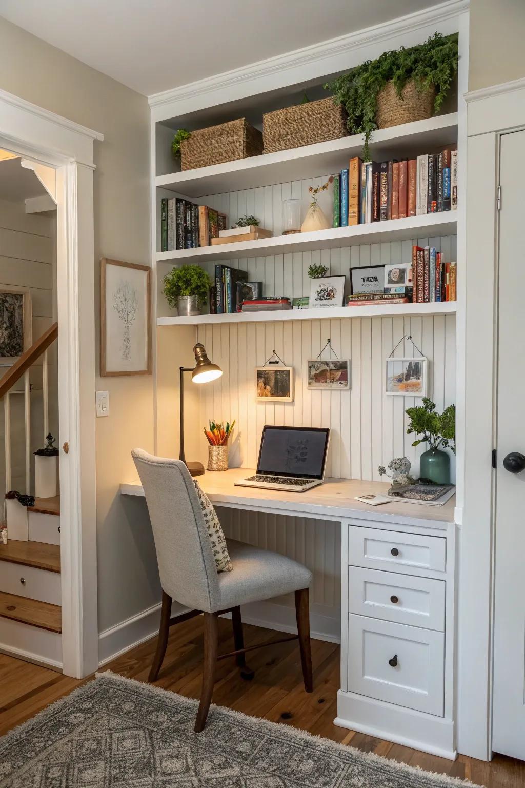 Paneled walls delineate stylish home office recesses.