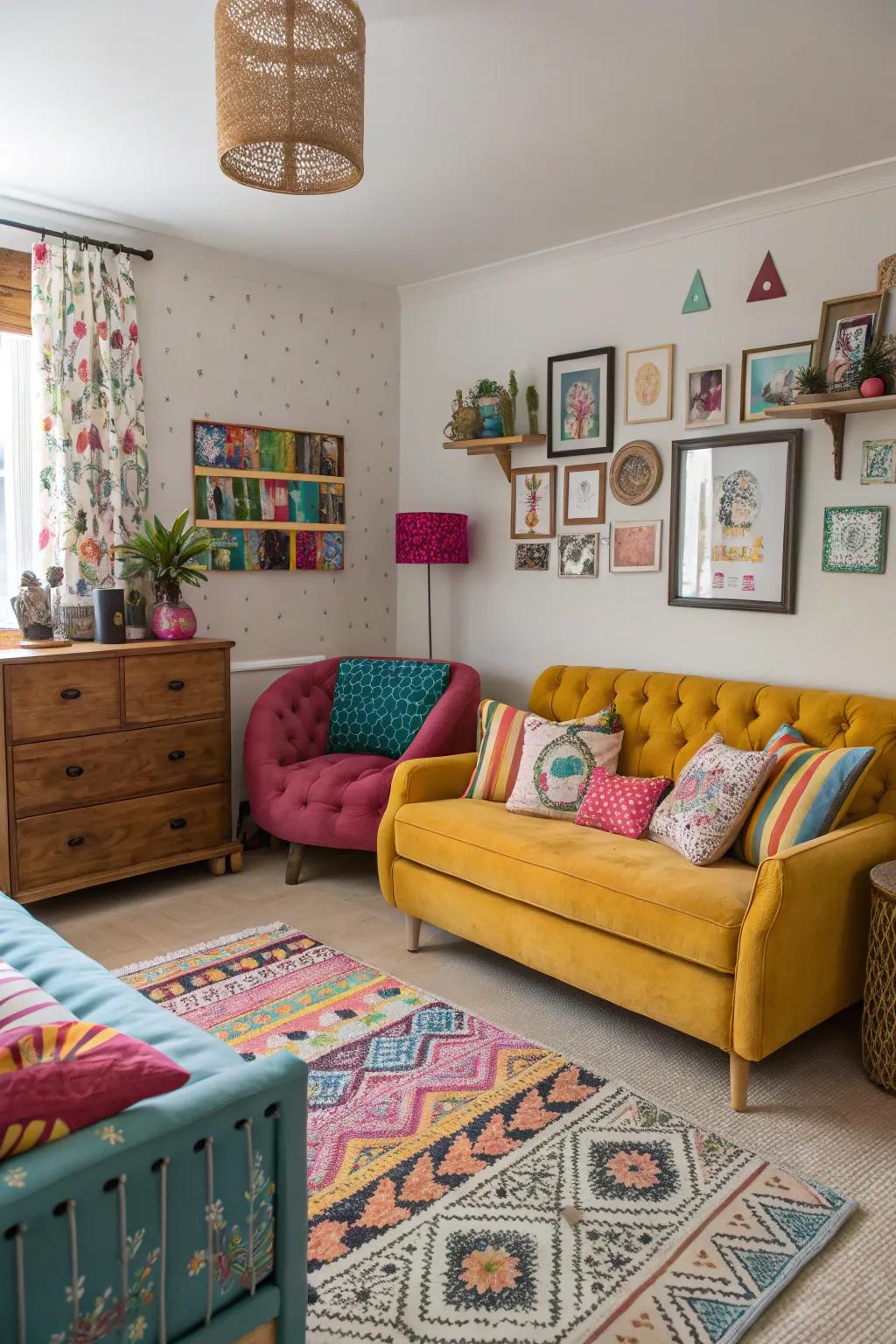A synthesized assemblage of sofas thoughtfully introduced into a bedroom locale, underscoring individual sartorial preferences and the creative employment of visual harmony.