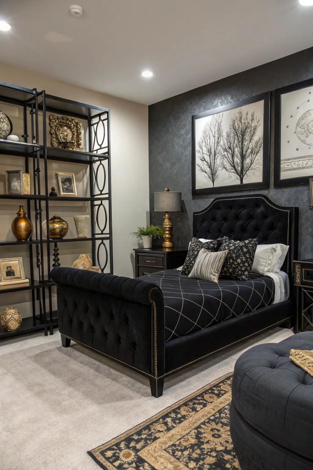 Art pieces add sophistication and elevate the design of a bedroom featuring ebony furniture.