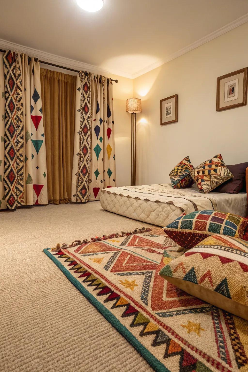 Angle prints add style to a cream-colored carpet bedroom.