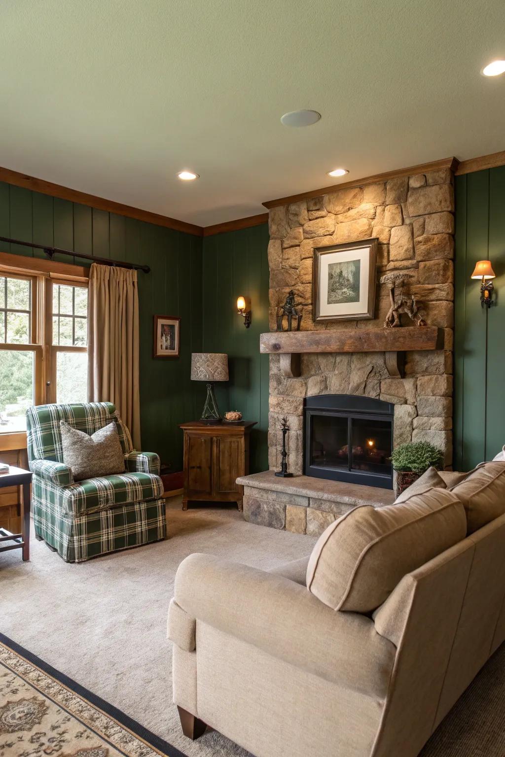 A rustic living area featuring rich lodge green walls.