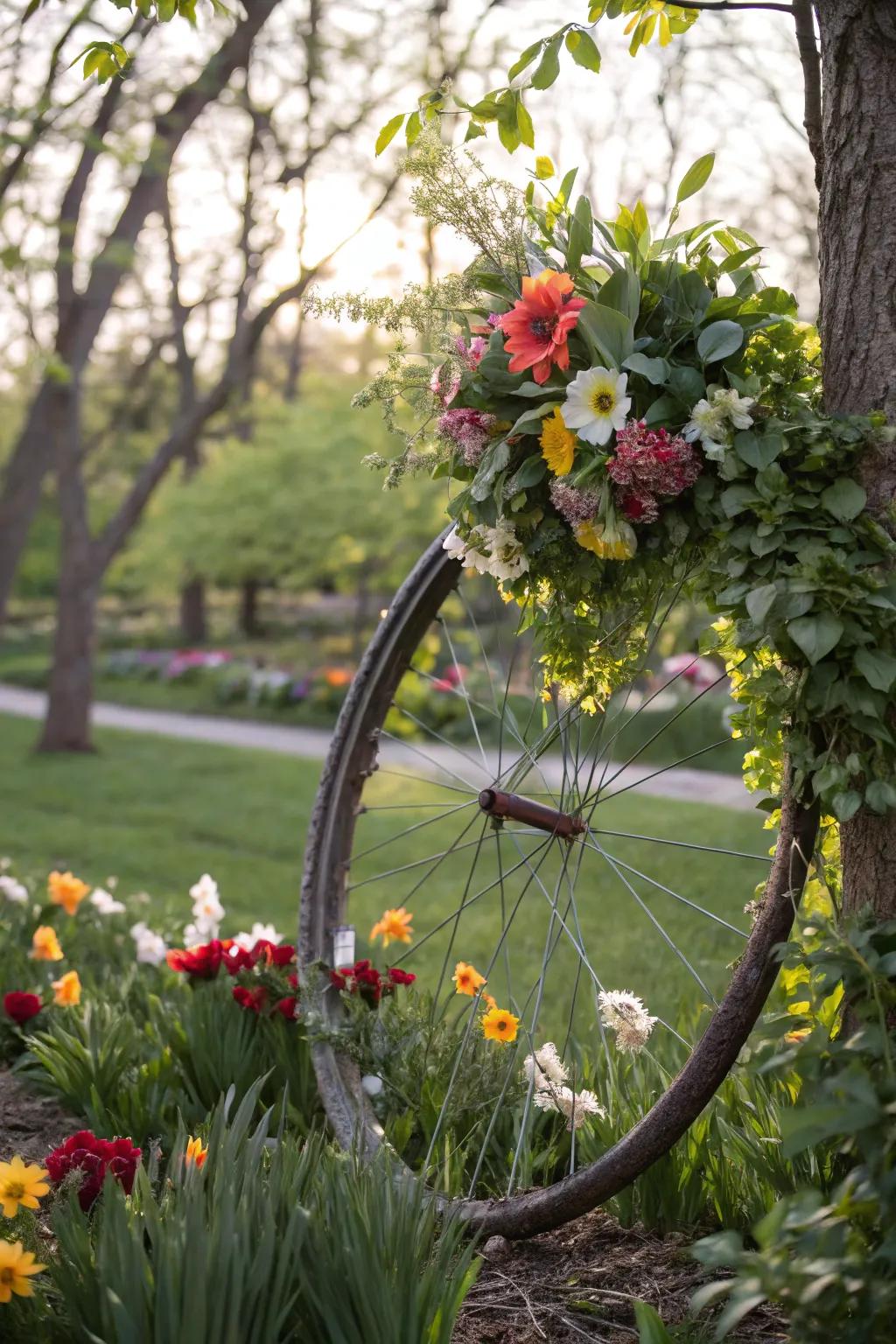 A garden-inspired bike wheel decoration with an abundance of flora for a natural look.