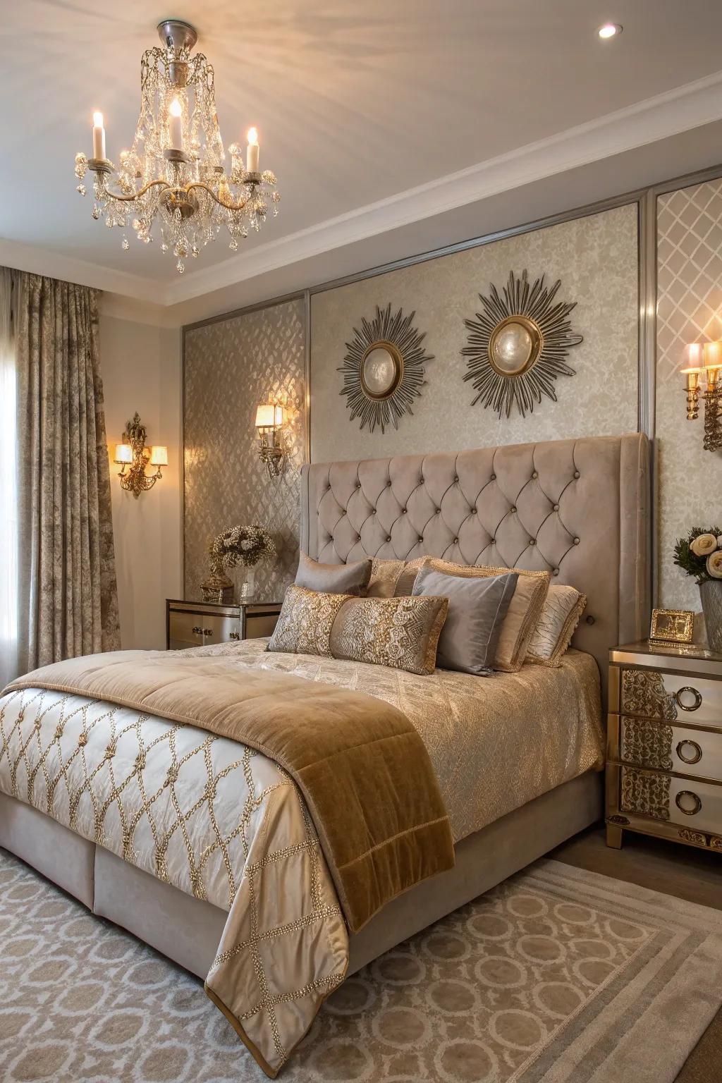 A luxurious bedroom with a hint of glamour via metallic accents.