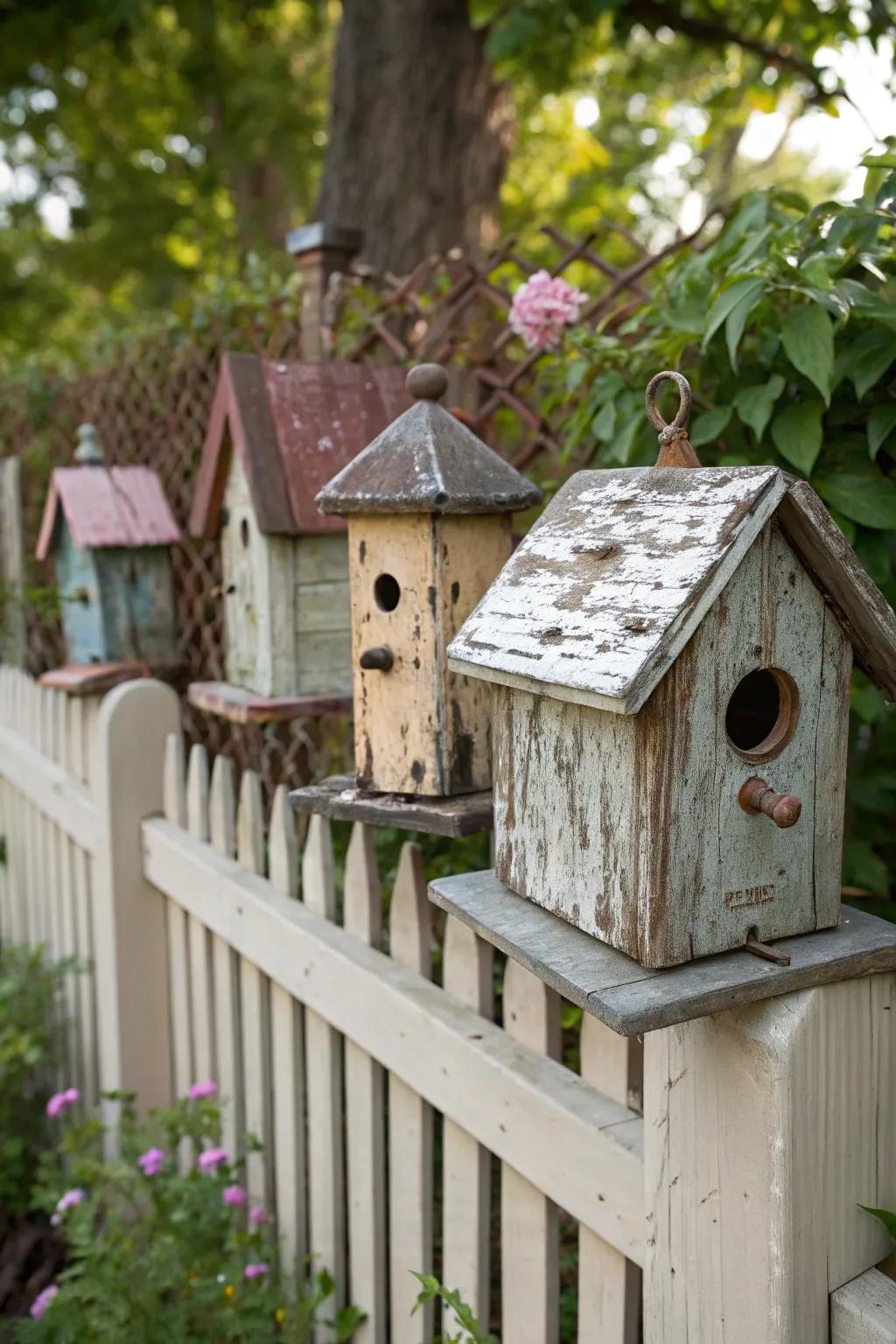 Vintage bird dwellings inject a nostalgic and captivating nuance to the fence.