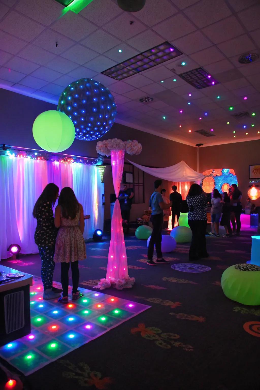 Glow-in-the-dark decorations appending a magical impression to the nighttime celebration.