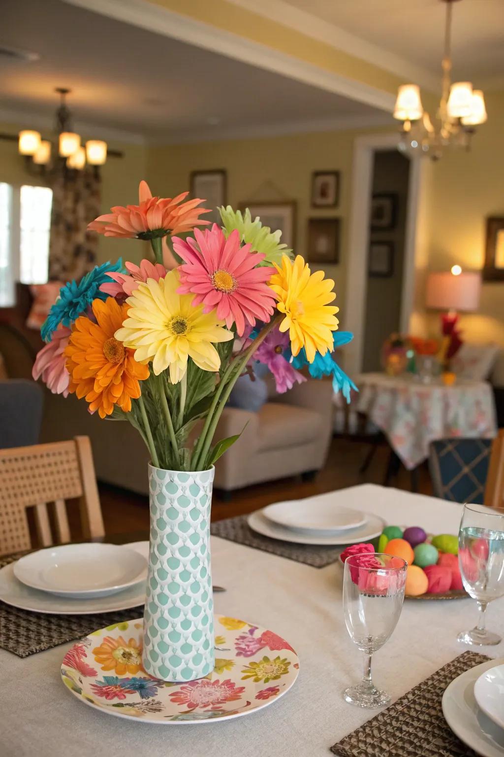 Colorful paper blooms inject a burst of color to any table.
