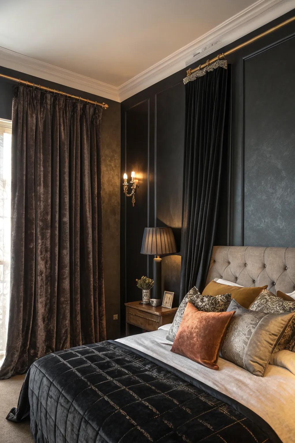 Sumptuous textiles infuse opulence into a black statement wall in this bedroom.