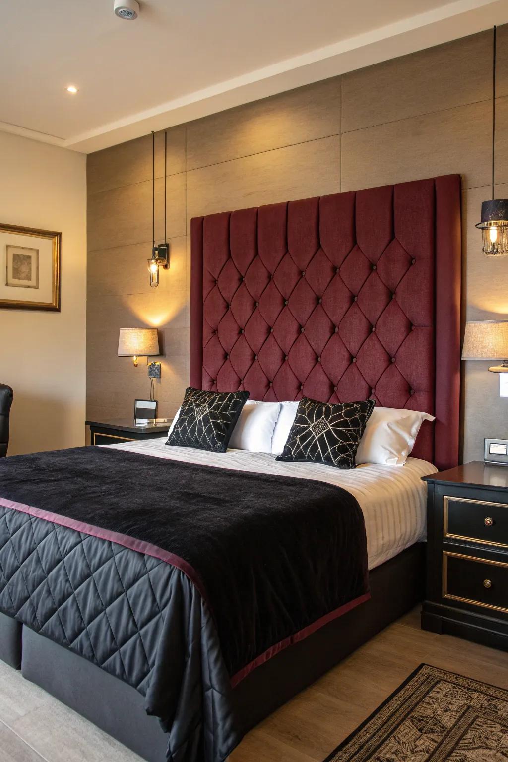 A burgundy padded headboard functions like a spectacular center.
