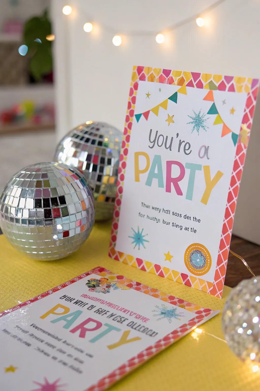 Orb transfers imparting a retro vibe to festivity invites.