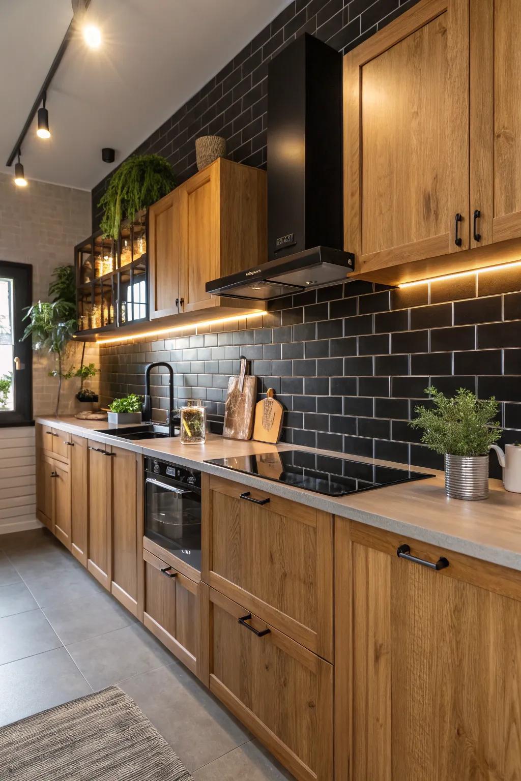 The warmth of wood cabinetry pairs beautifully with a bold ebony backsplash.