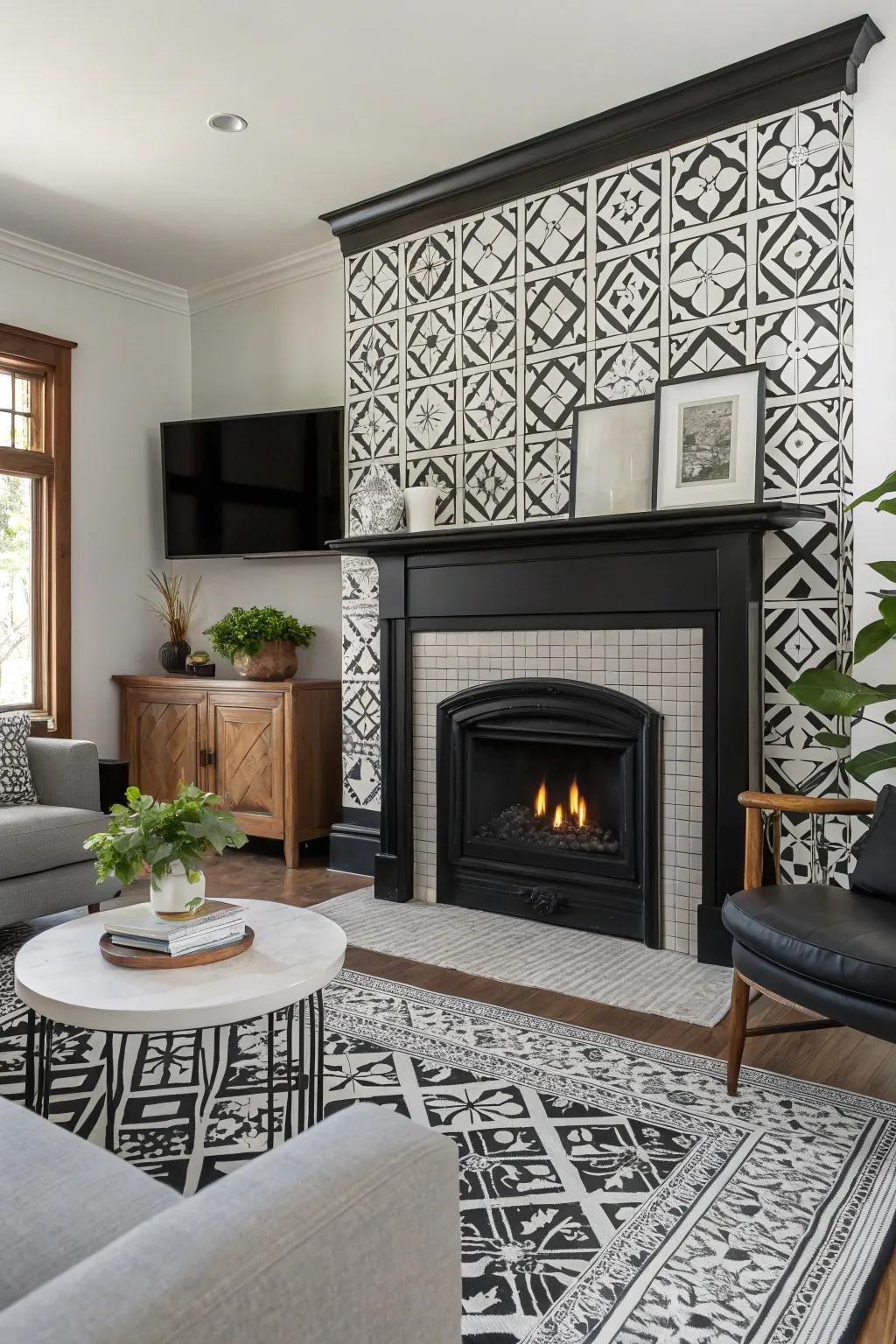 Make a striking statement with dark and pale patterns around your hearth.