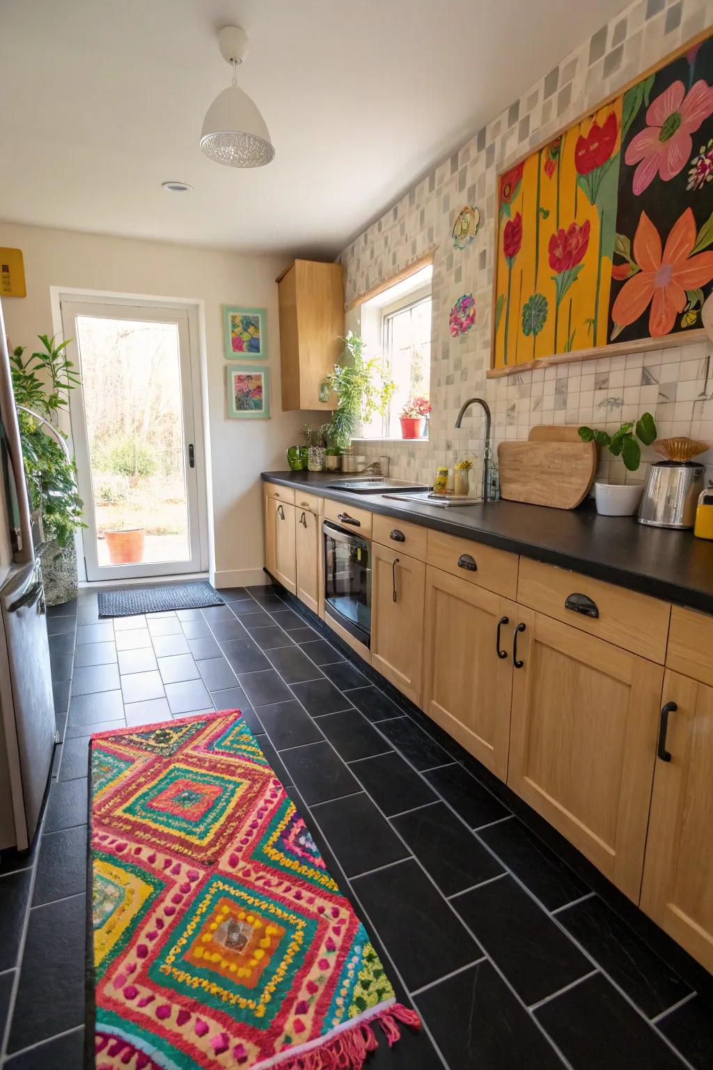 A cooking area where hued accents enliven the ebony floor components.