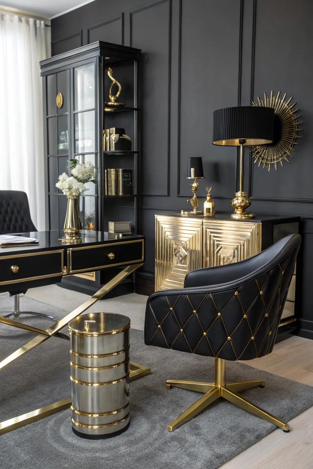 Metallic accents introduce luxury and sophistication to a charcoal office.