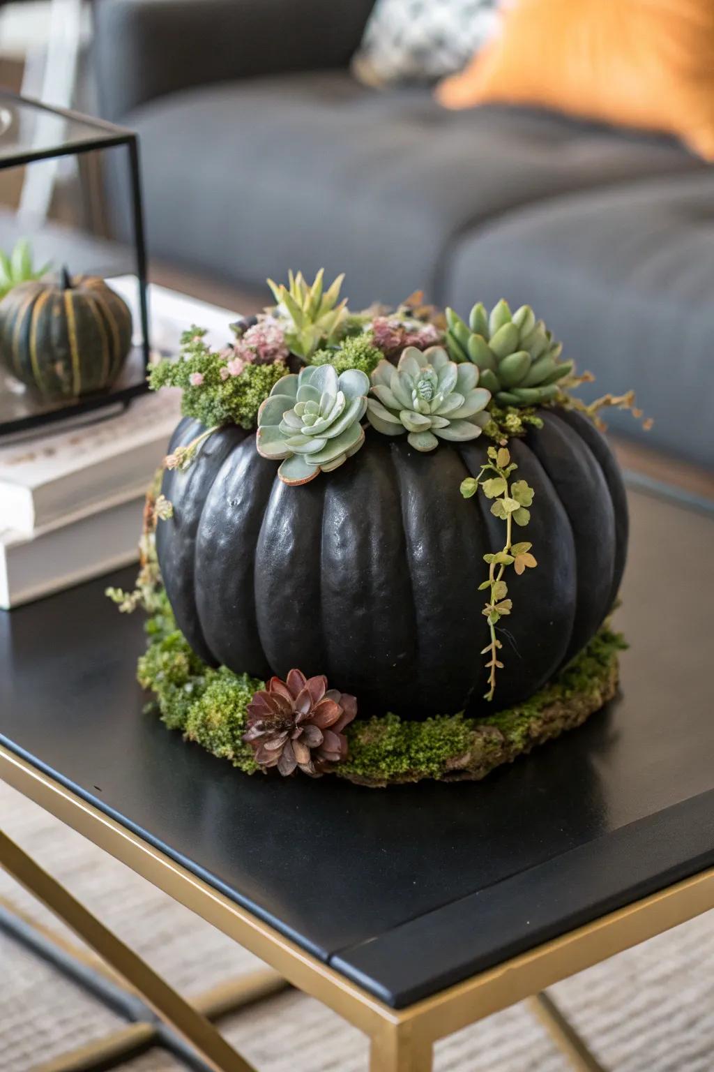 A dark-colored pumpkin with imitation plant accents, merging nature with celebratory design.