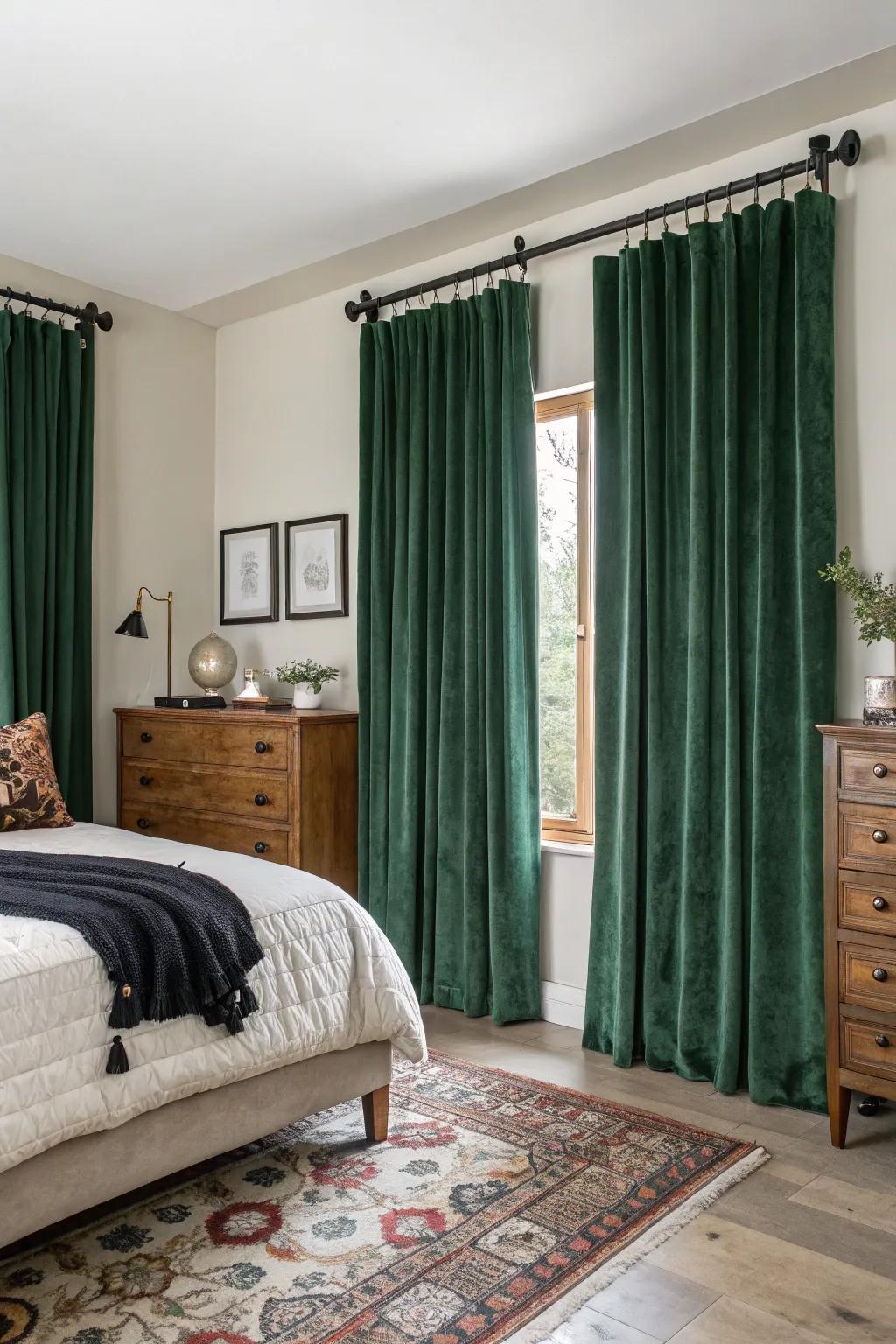 Green velvet curtains creating a luxurious atmosphere.