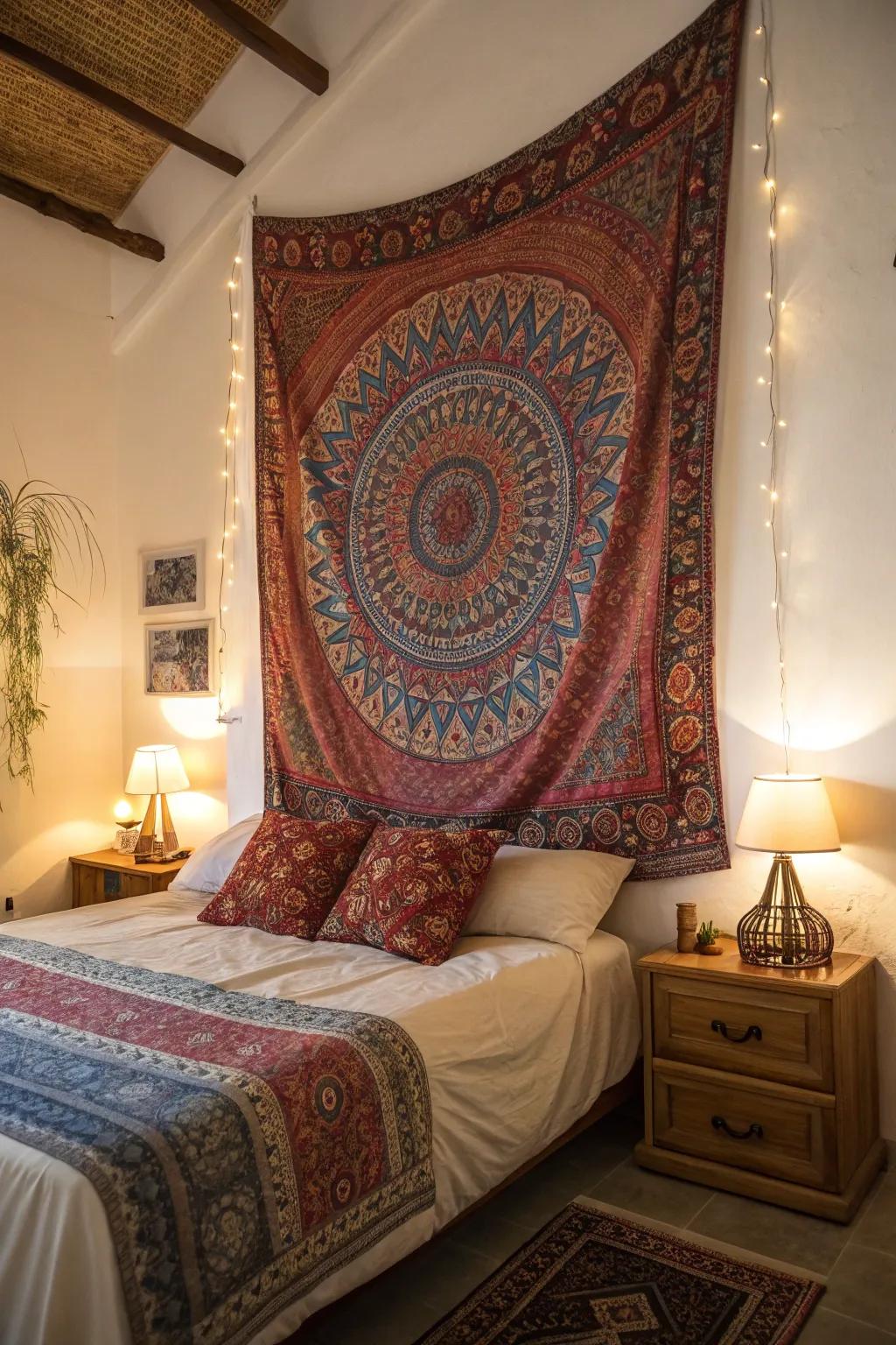 Incorporate warmth using a suspended tapestry.