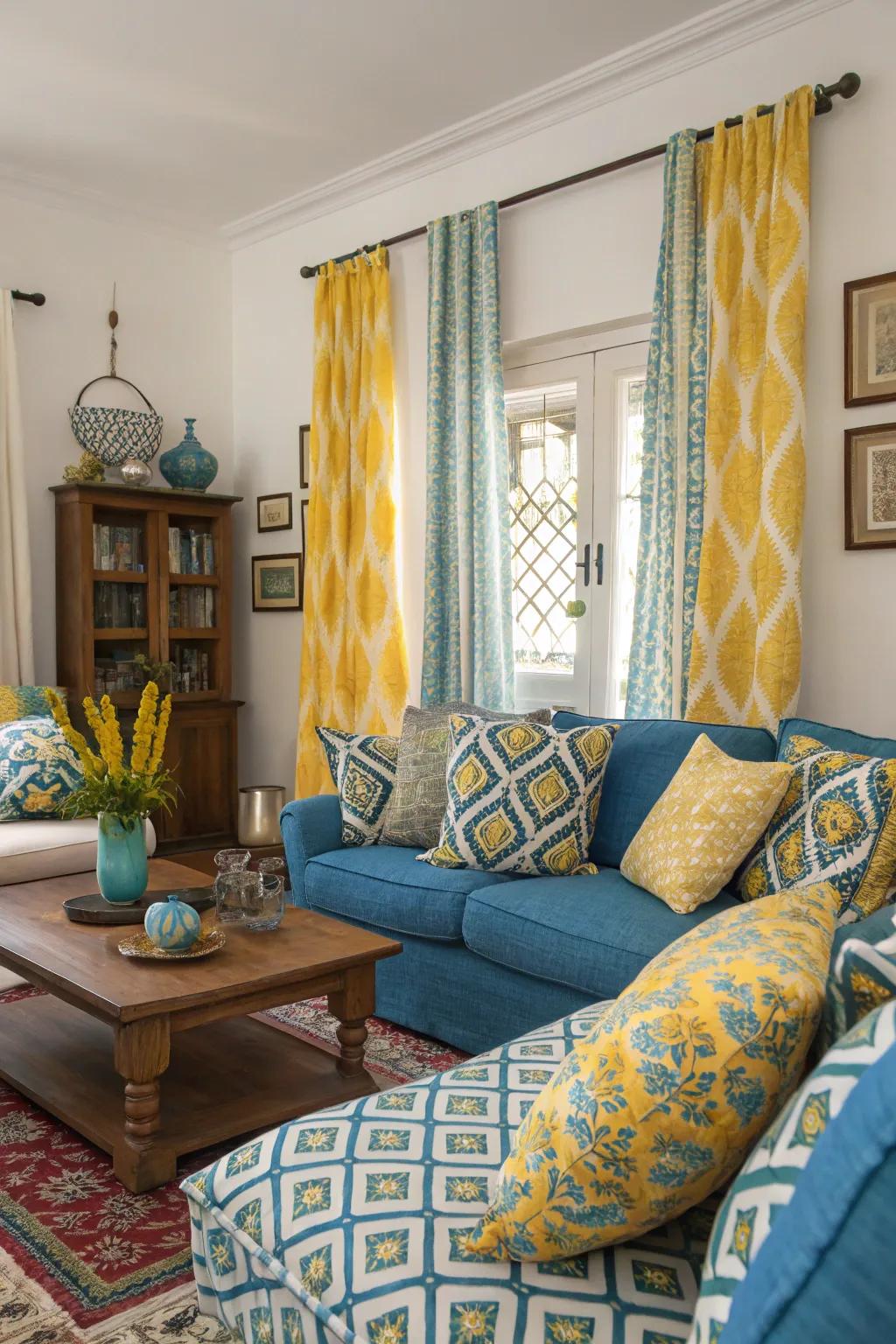 A mix of azure and gold patterned textiles adding vibrancy to the space.