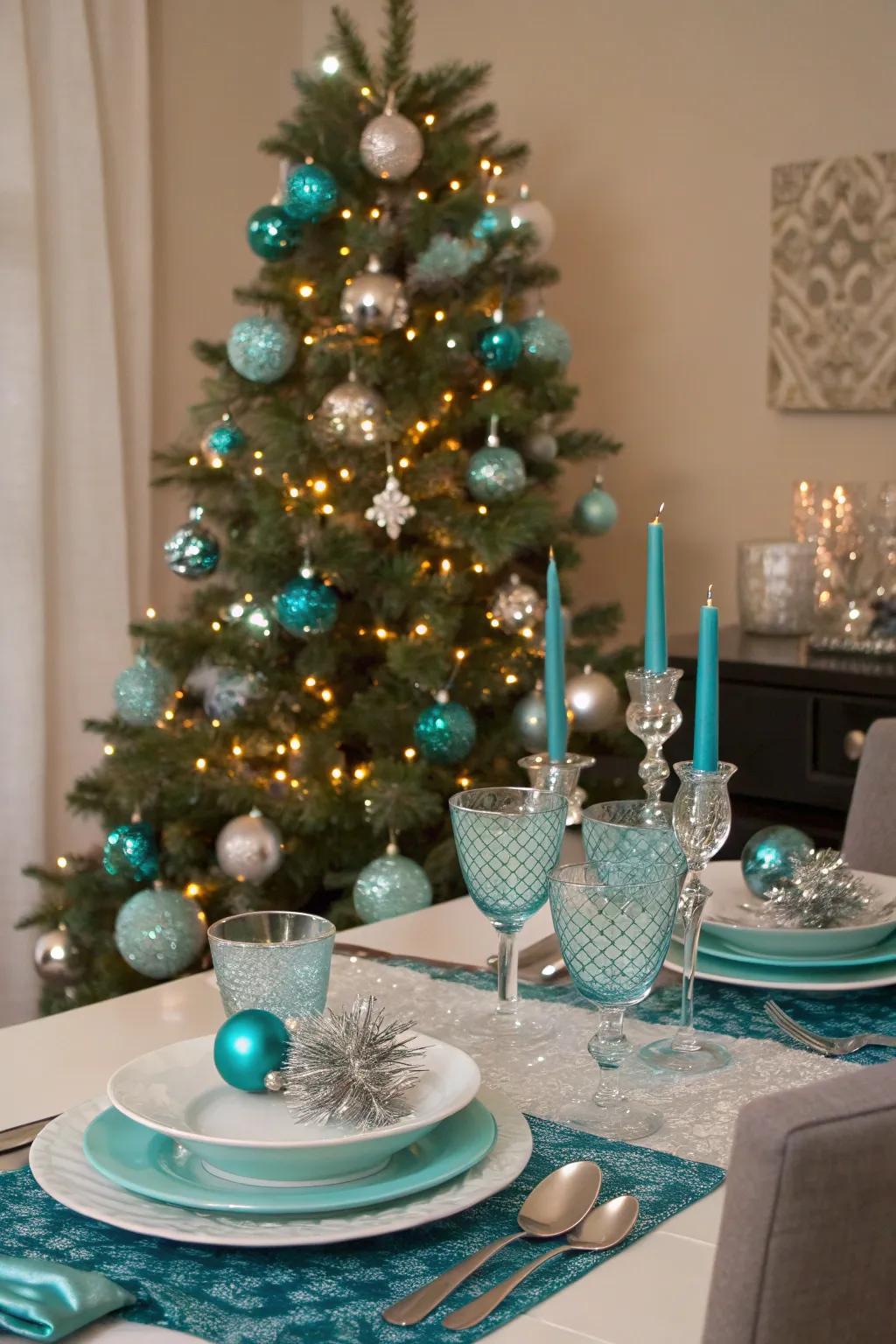 Contemporary yuletide layout in turquoise and argent