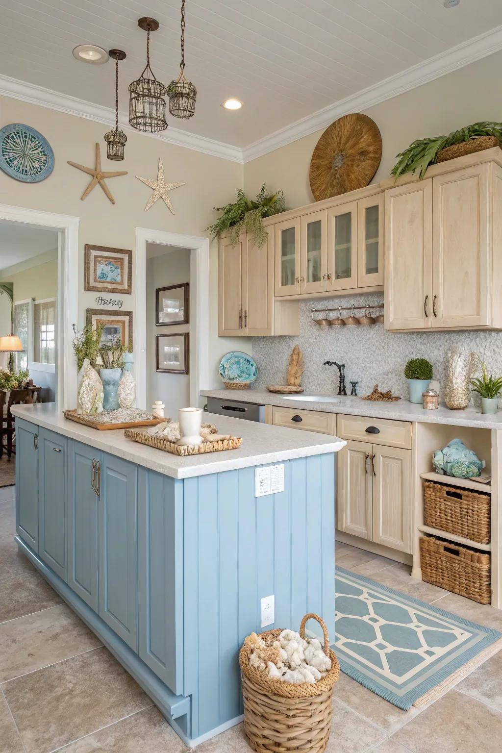 A cerulean island sets the tone for this beach-inspired kitchen.