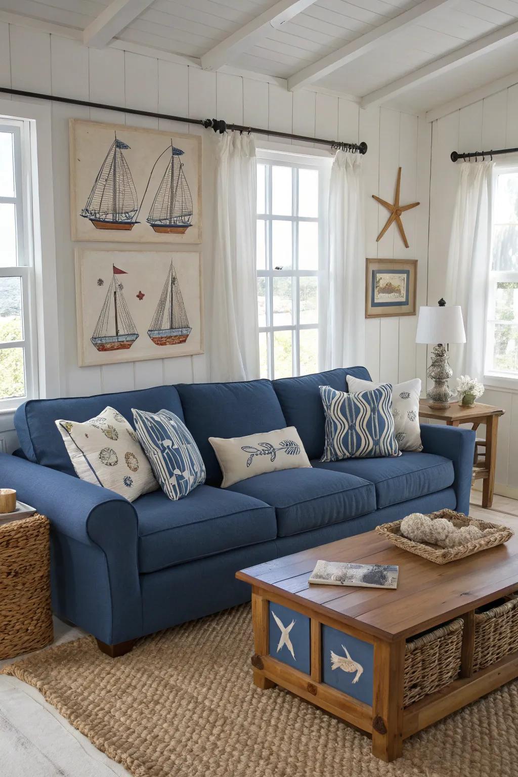 A cerulean couch completes a shoreline themed living space.