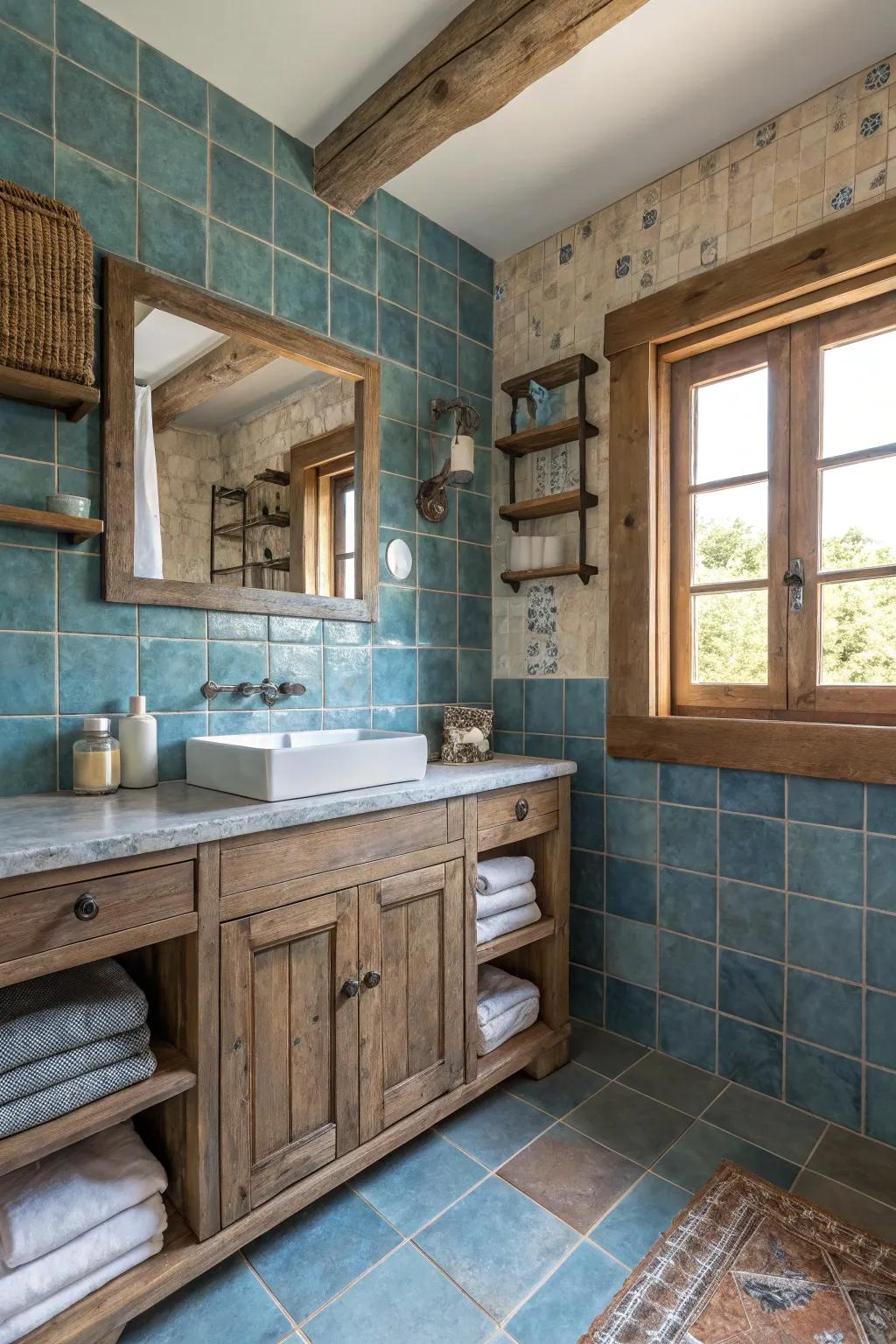Weathered azure units bring rustic heat to your washroom.