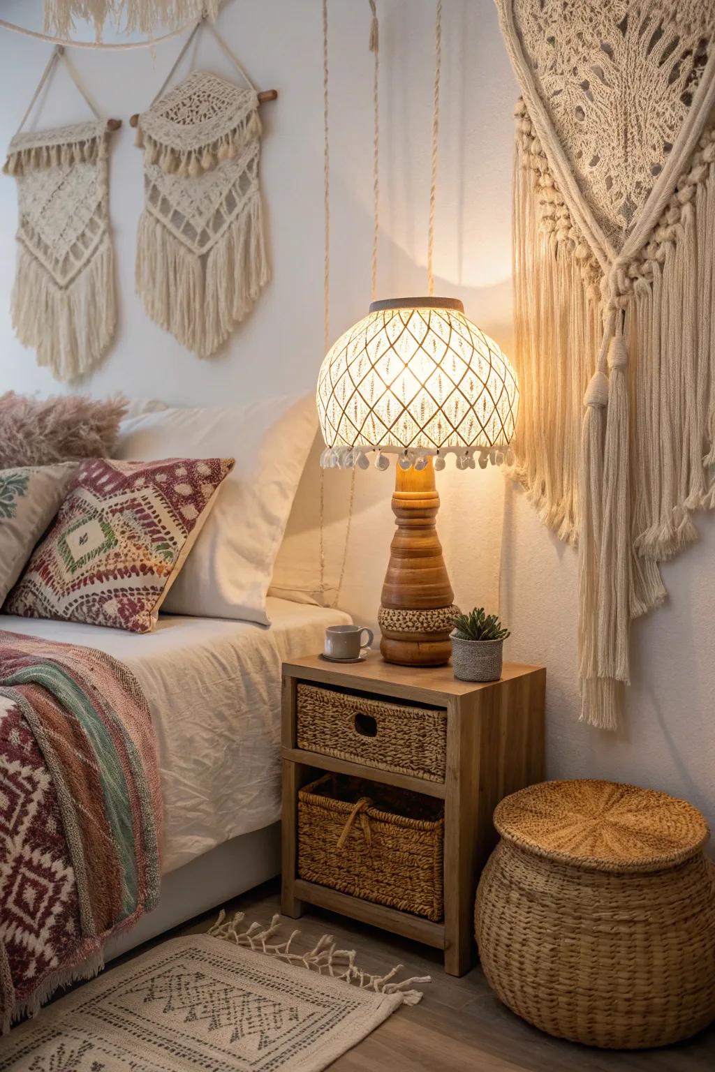An ornamental lamp includes movement and charm to this boho master bedroom.
