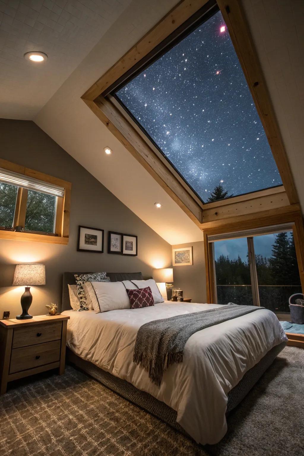 An overhead window offers natural light and a magical view.