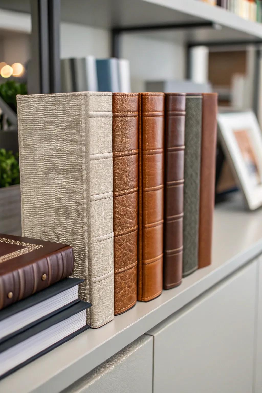 Textured tome jackets attach depth and intrigue.
