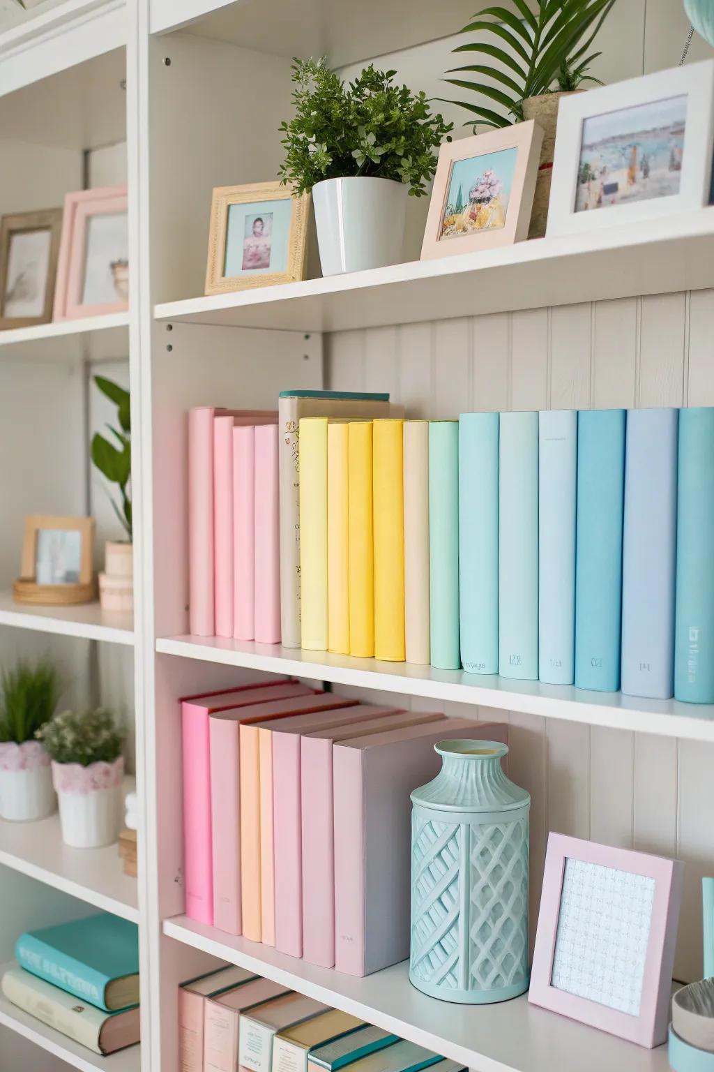 Pastel accents impart a gentle and inviting sensation to a bookshelf.