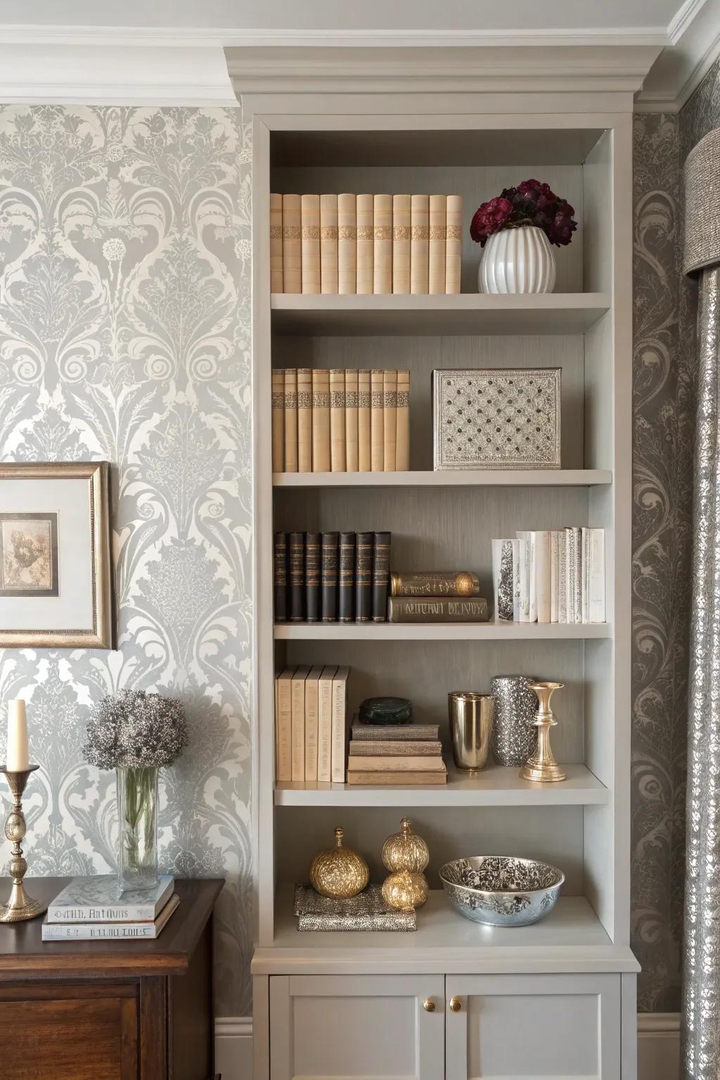 A bookshelf featuring silver brocade wallpaper, radiating an elegant, timeless vibe.