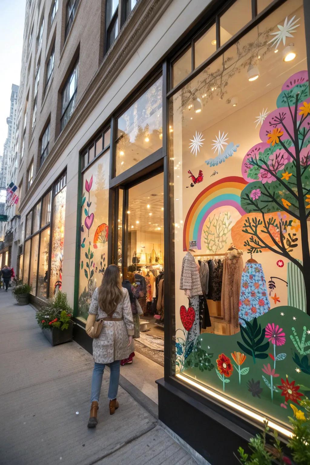 Whimsical window decals that reflect the boutique's unique story.