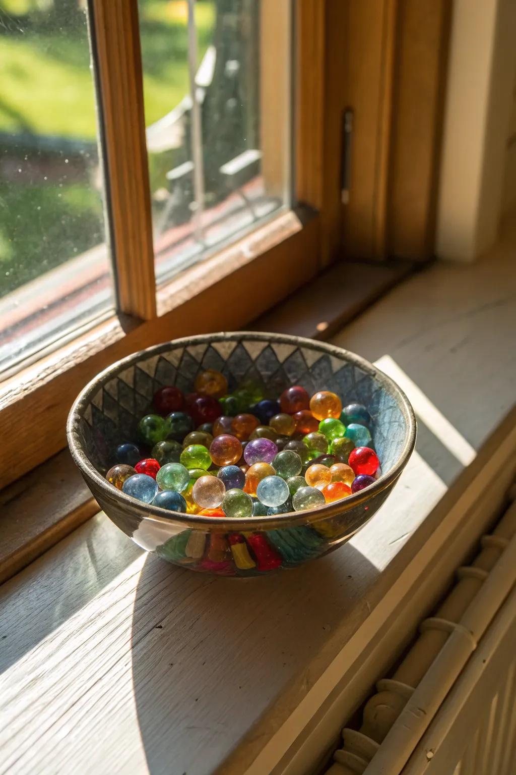 An artsy bowl filled with radiant recycled glass pebbles