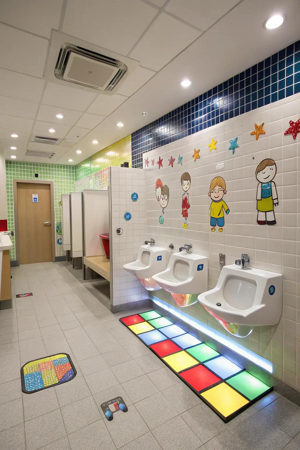 Interactive floor tiles cultivate a playful encounter in a boys' lavatory.
