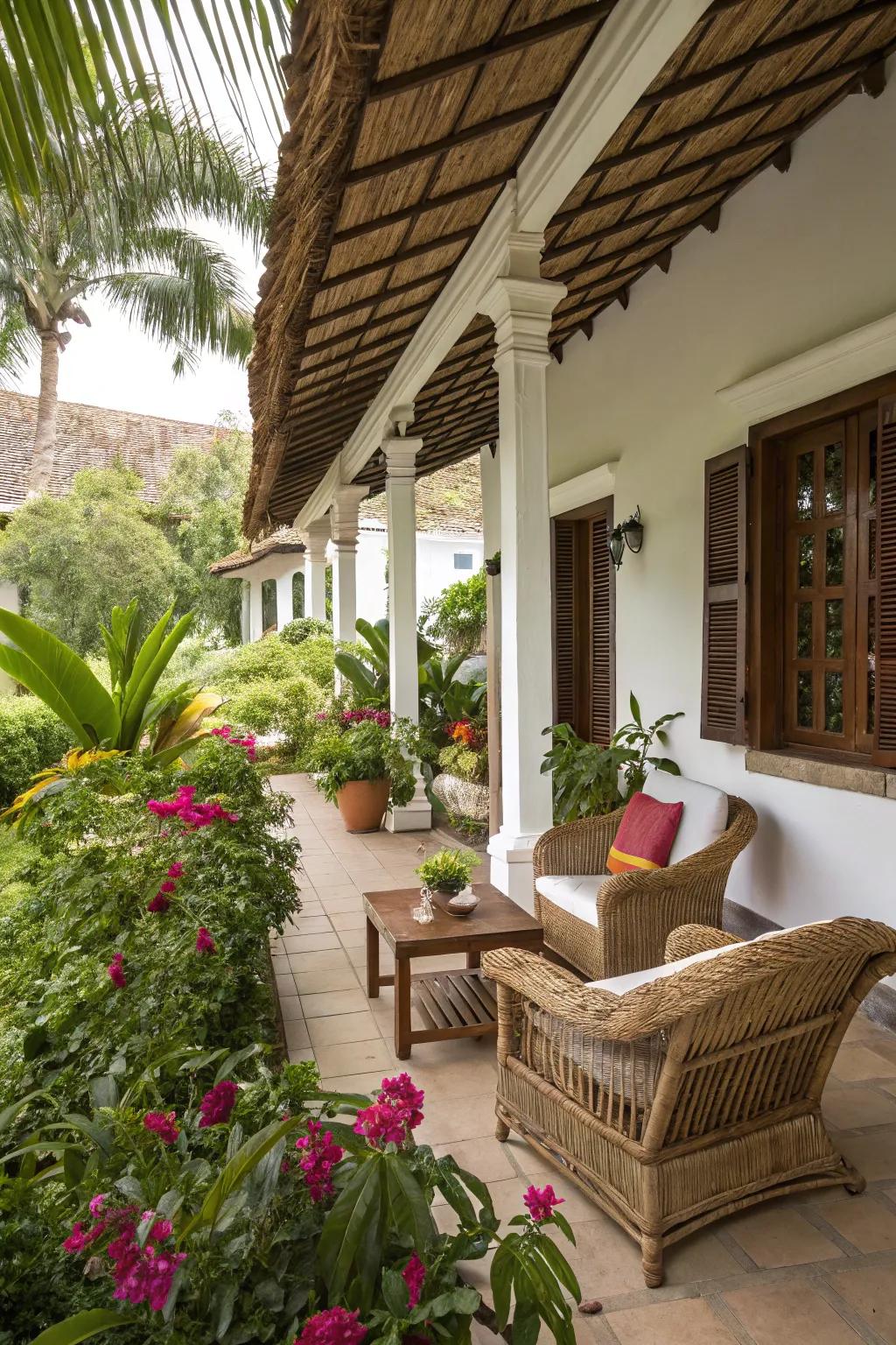 A cozy veranda encourages relaxation and outdoor enjoyment.