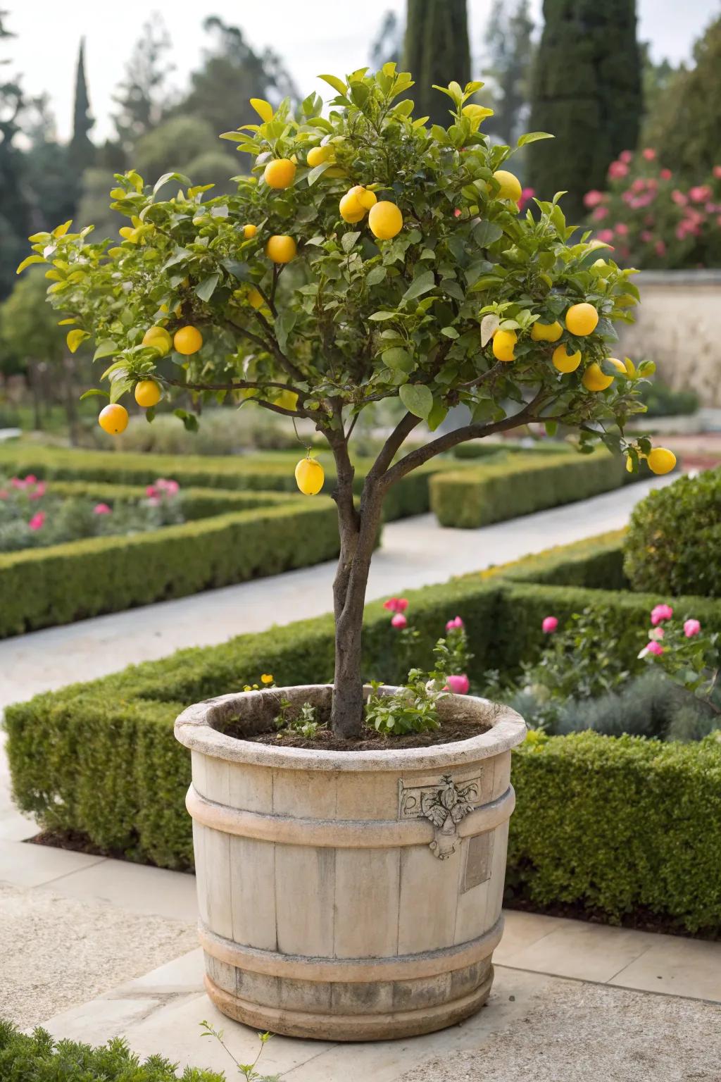 A miniature lemon tree prospering in a bucket, ready to offer fresh lemons.
