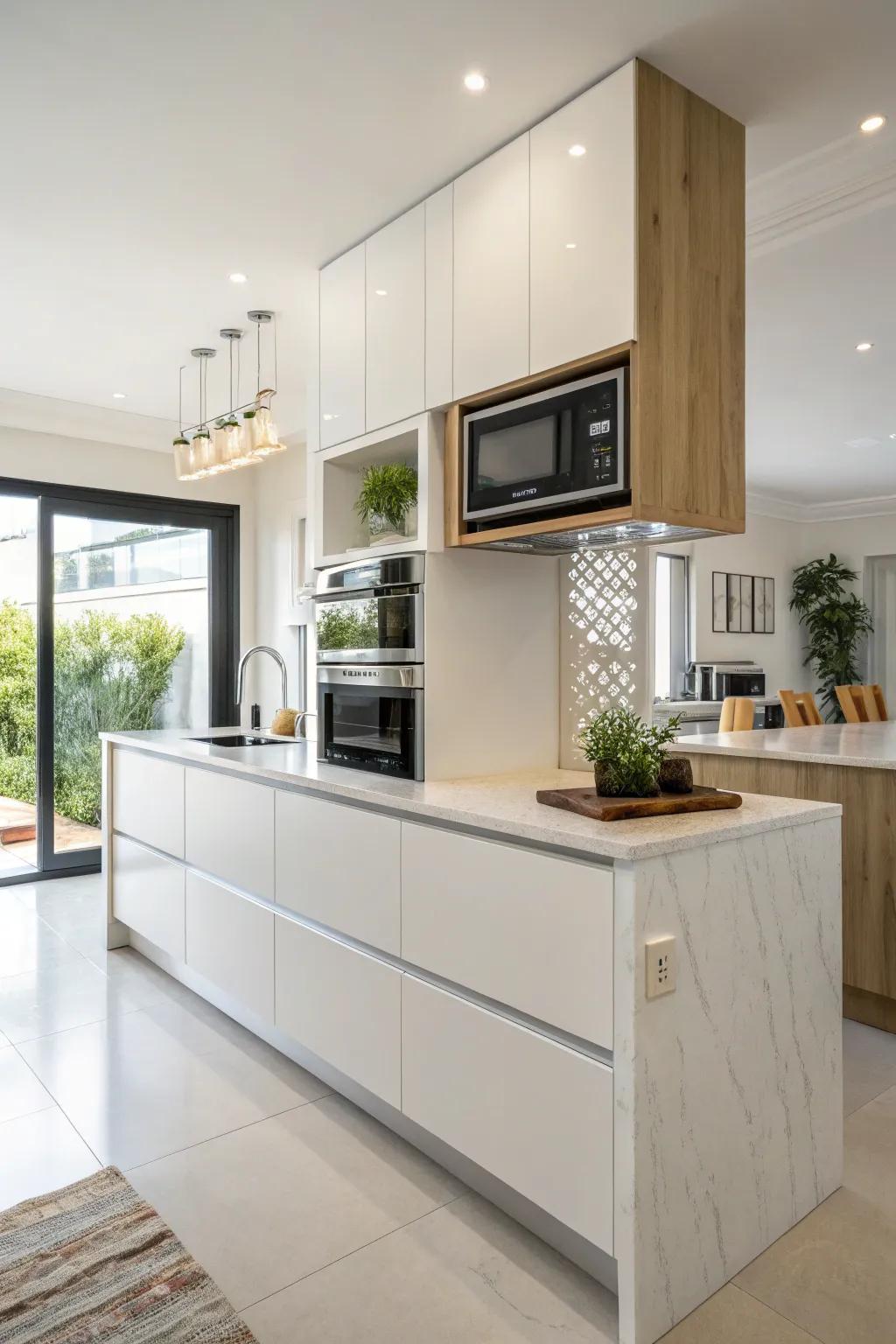 Modern kitchen design with the microwave set up above a lifted counter.