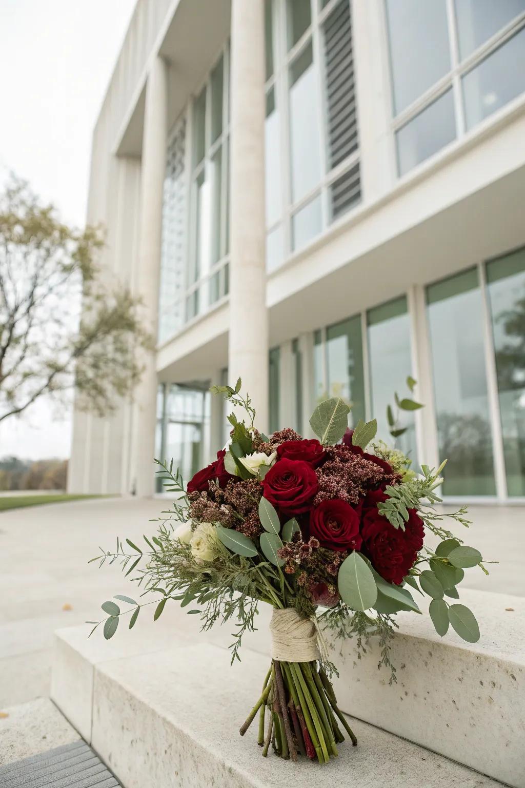 Minimalist burgundy bouquet featuring simple greenery.