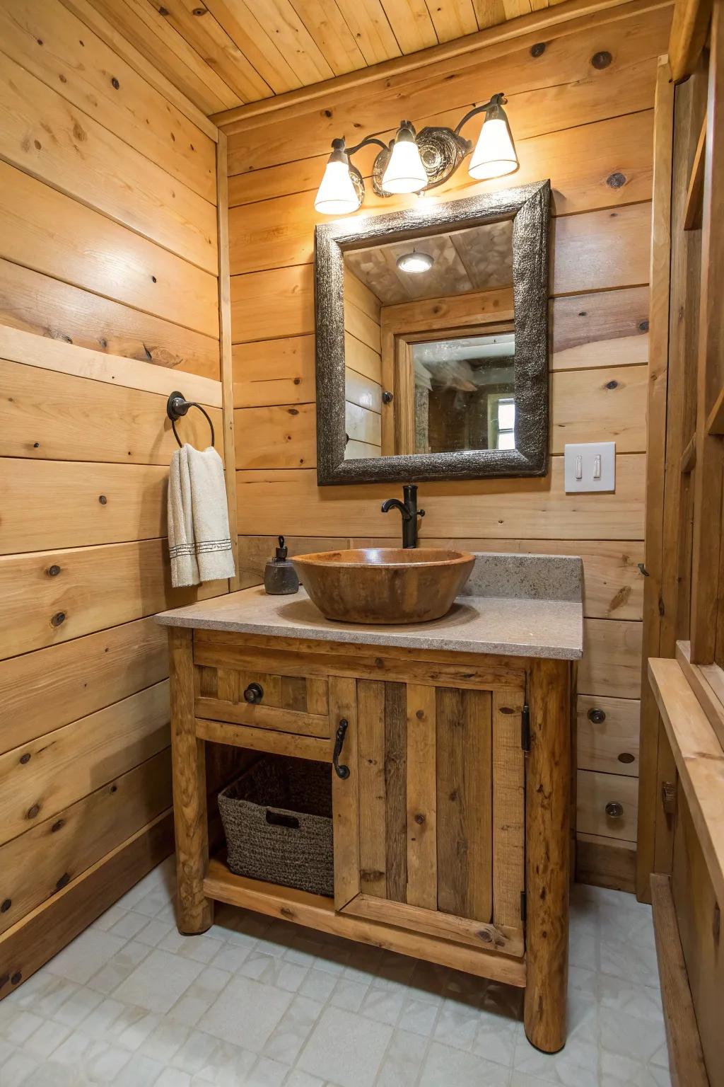 A cabin bathroom with a country vanity constructed from repurposed materials.