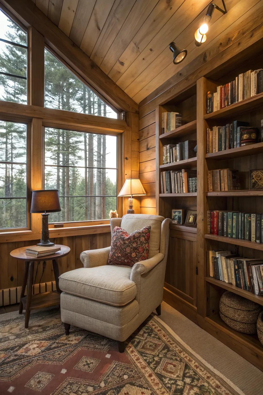 A cozy corner in a cabin that is ideal for unwinding and getting away from it all.