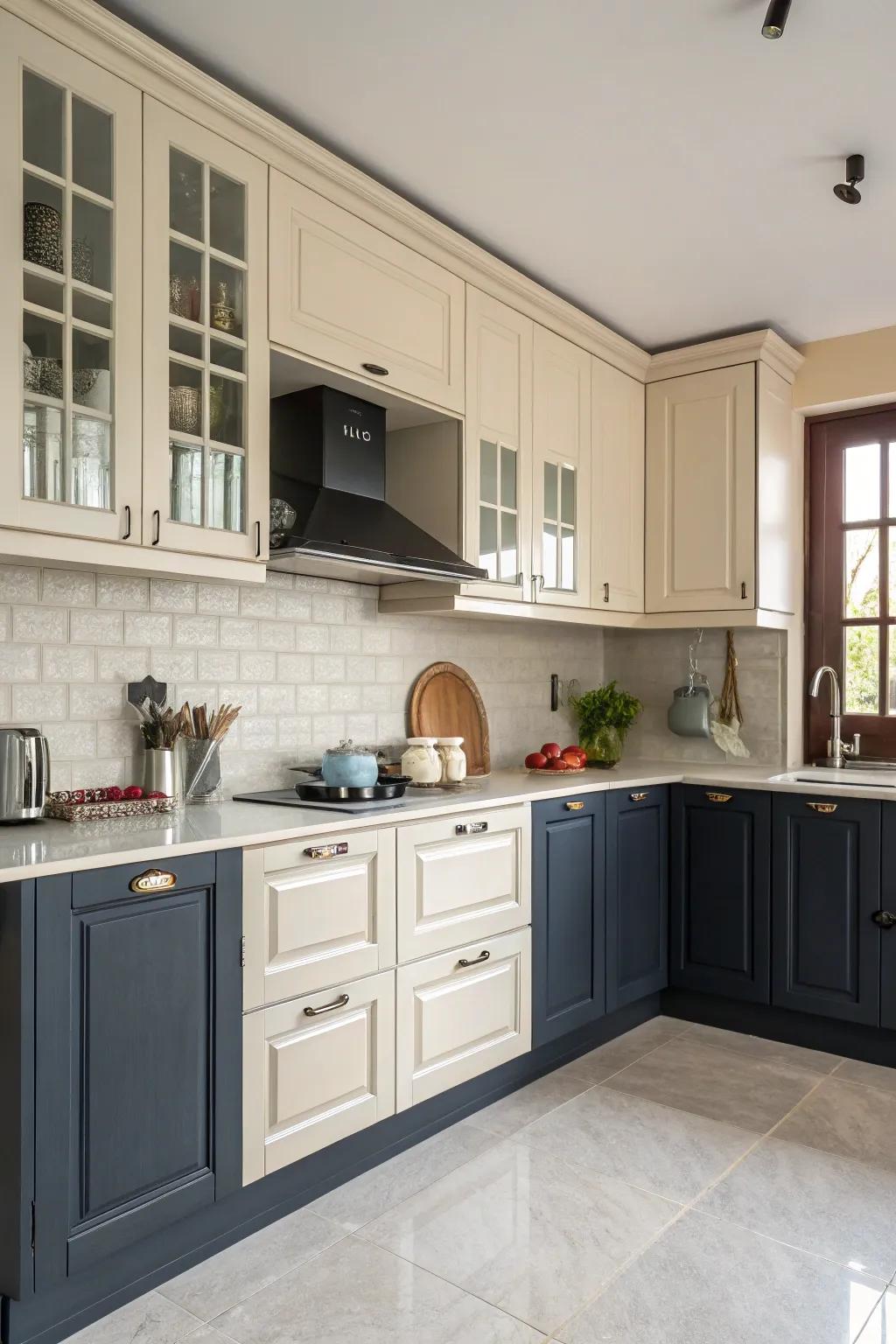Two-tone cabinetry imparts dynamic visual intrigue.