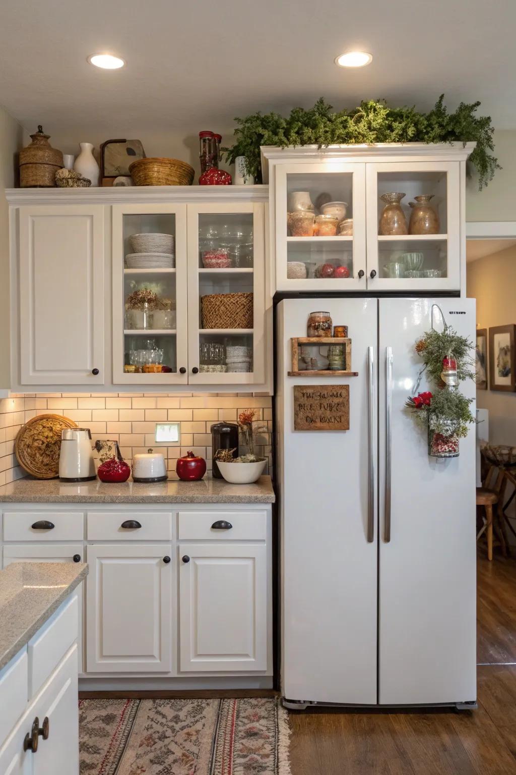 The space above the refrigerator is ideal for storing collectibles and seasonal items.