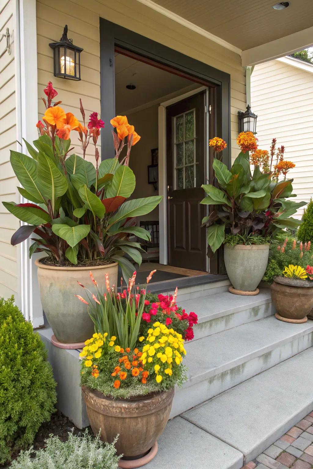 Make a welcoming entrance with blooming stick potscapes.