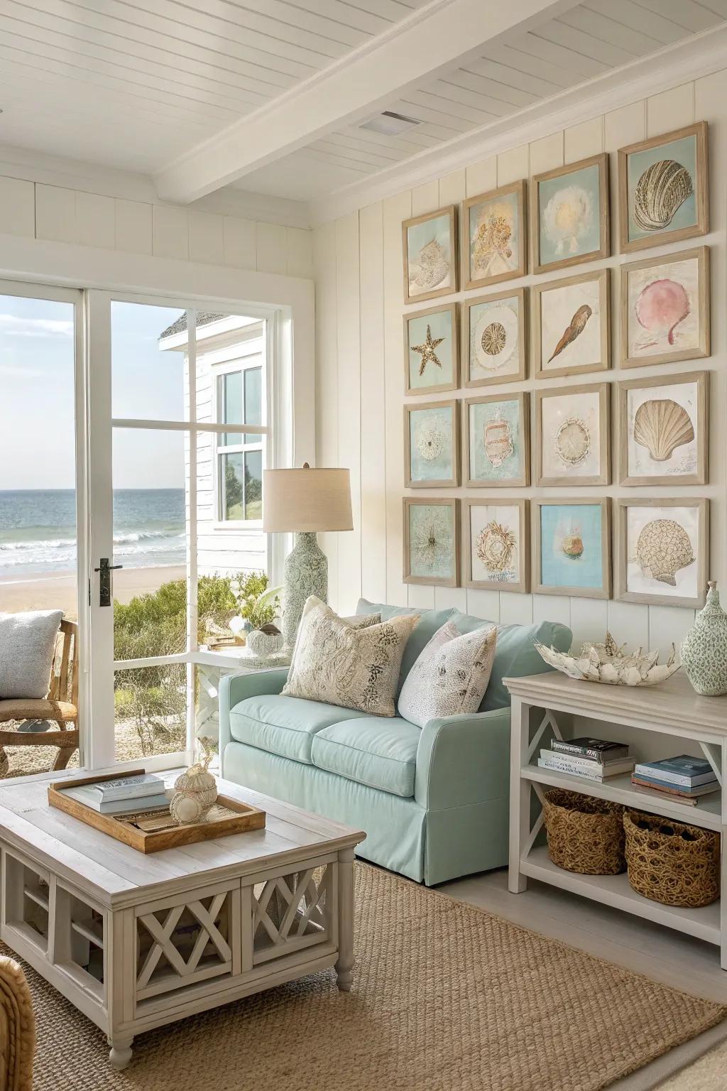 Seashell art creates a relaxed atmosphere.