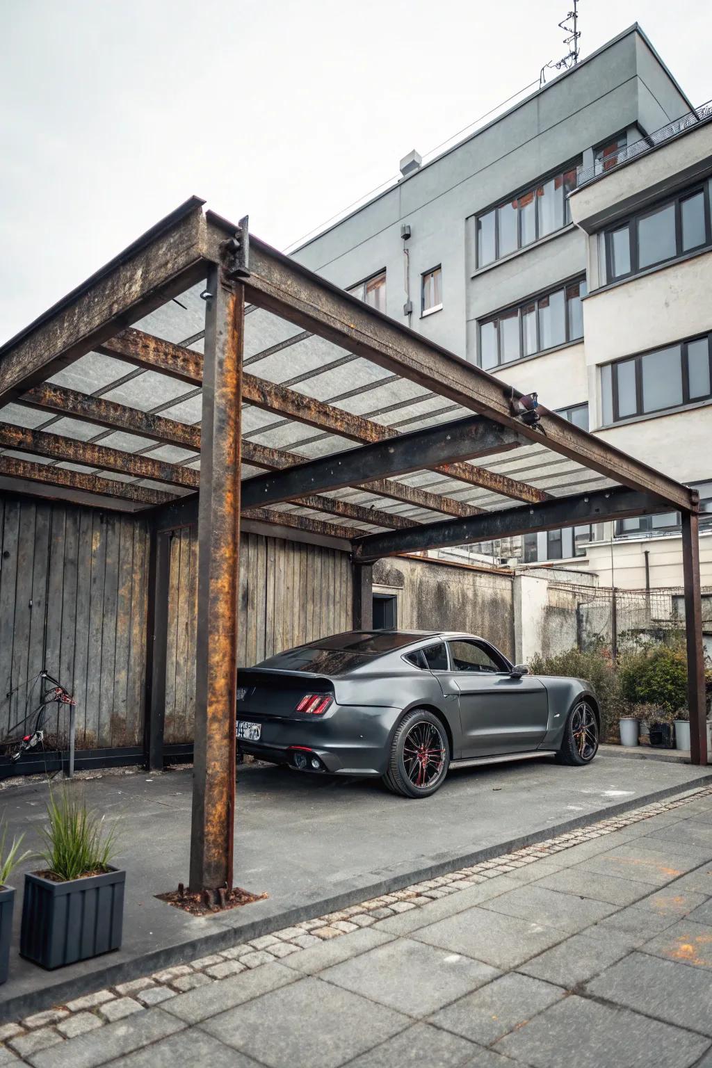 An industrial-style carport with a rugged, modern aesthetic.