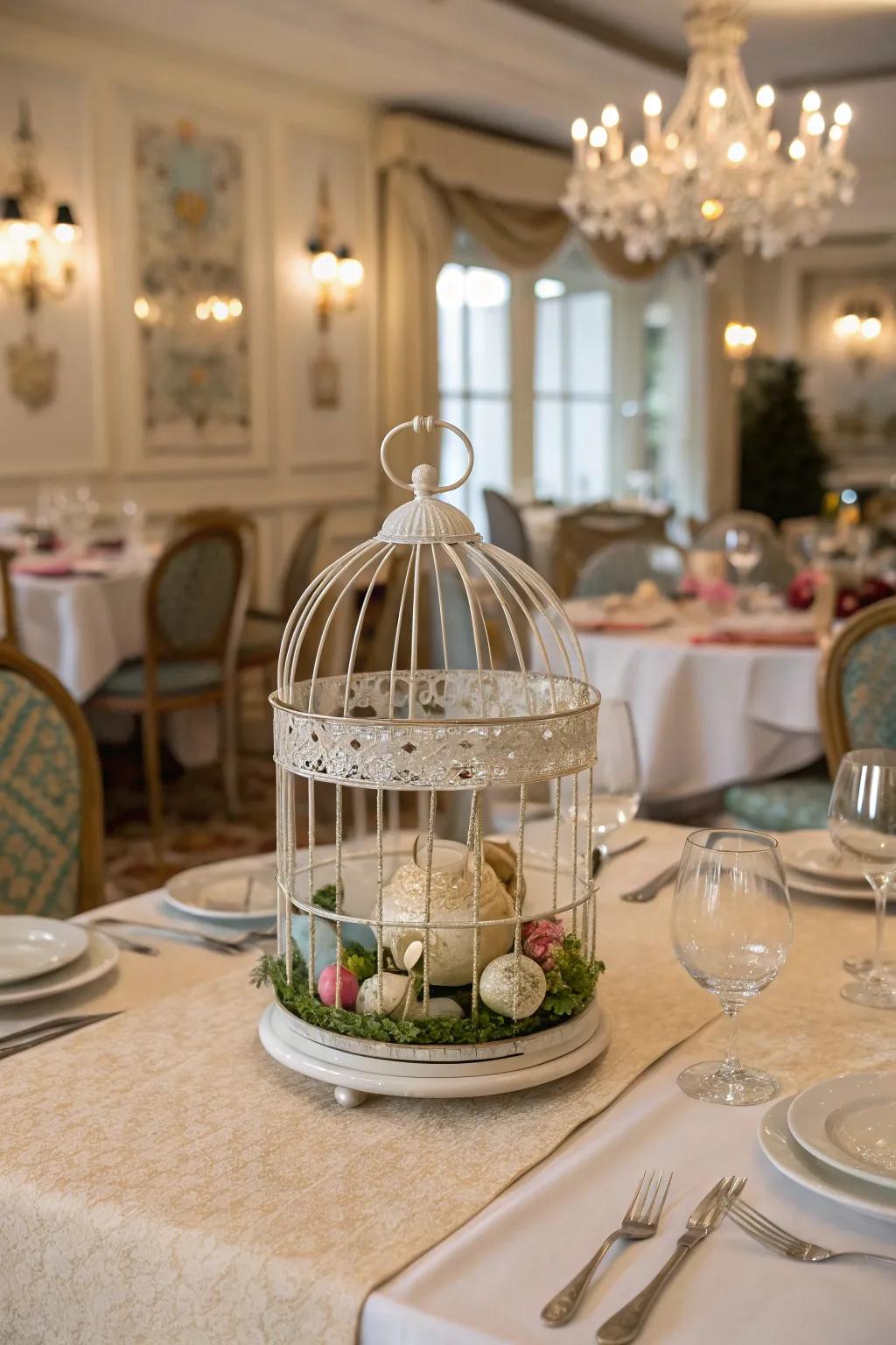 Avian enclosures offer a charming and whimsical centerpiece choice.